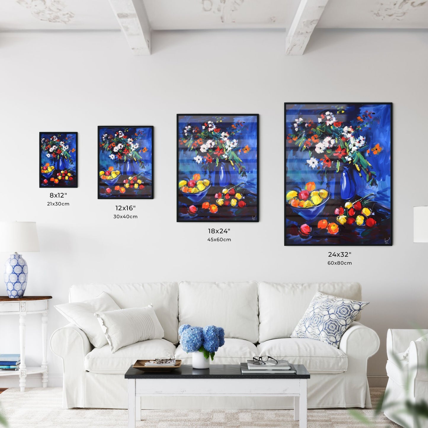 Colorful Abstract Acrylic Painting Flowers Blue Vase Fruit Bowl Still Life Art Print Default Title