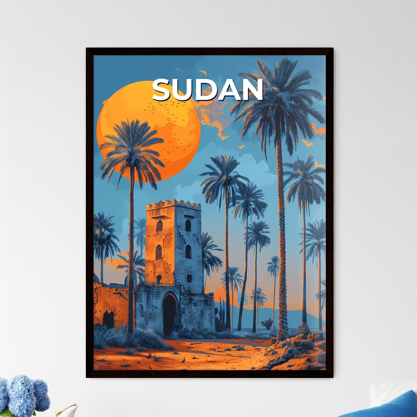 Sudan, Africa - Palm Tree and Tower Painting, Vibrant Art, African Culture, Travel, Souvenirs