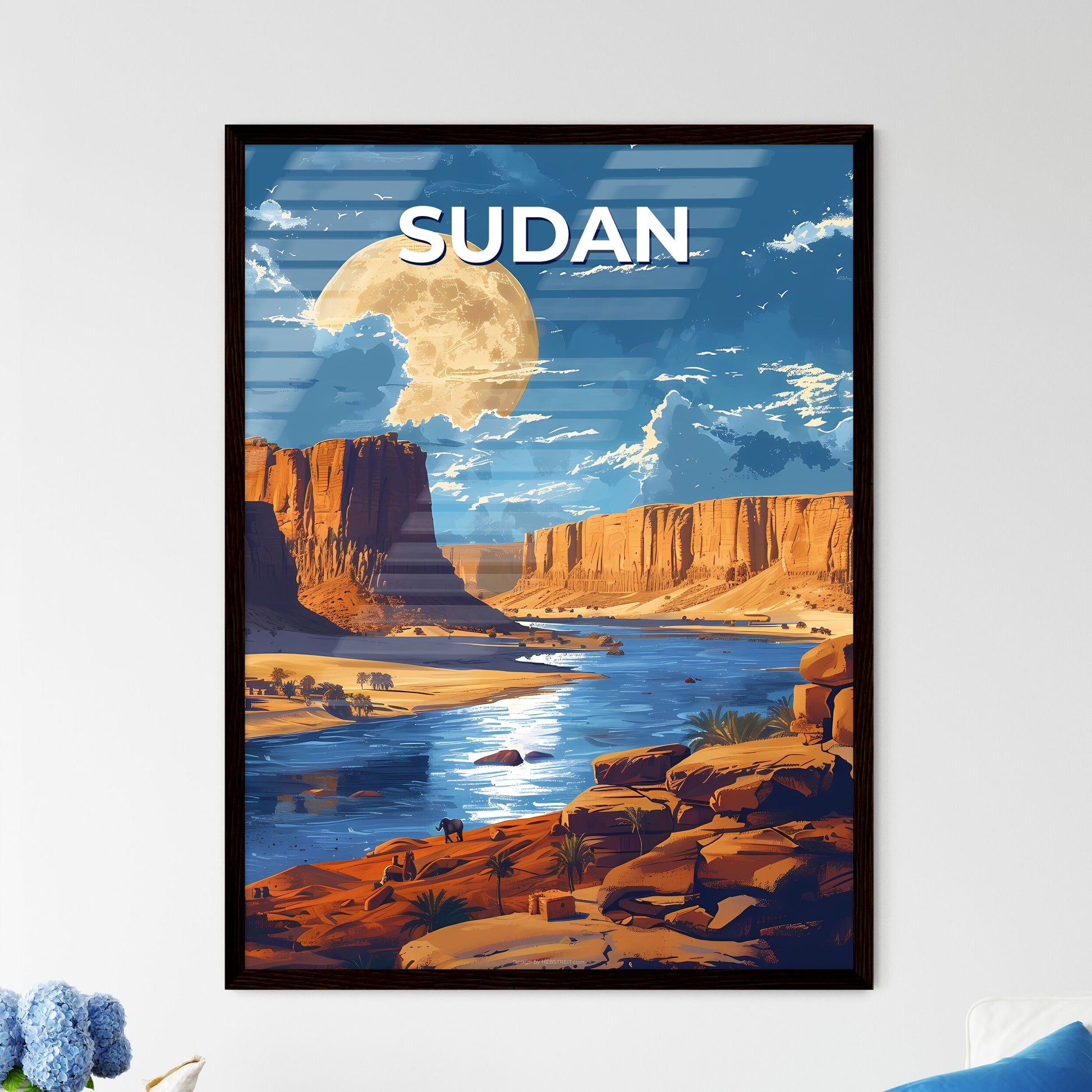 Abstract Painting Depicting Serene River Flowing Through Canyon in Sudan, Africa
