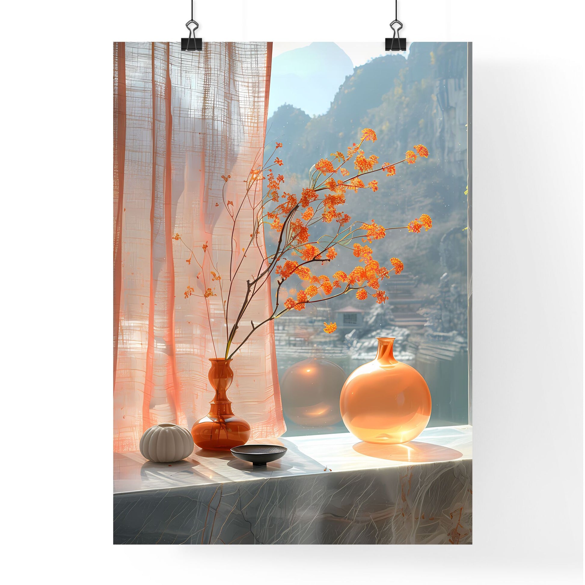 Cubist-Inspired Still Life: Orange Flowers in a Vase, Window Sill, Ink Painting, Light Track Photography, Realistic Art Default Title