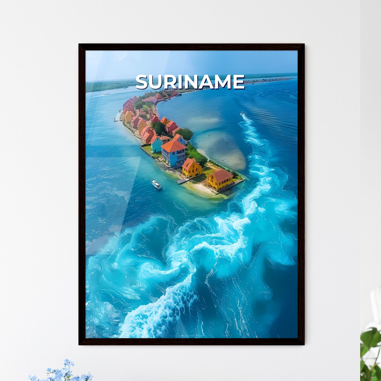 Suriname, South America - Artistic Painting Depicting a Picturesque Island with Colorful Houses and a Boat on Tranquil Waters