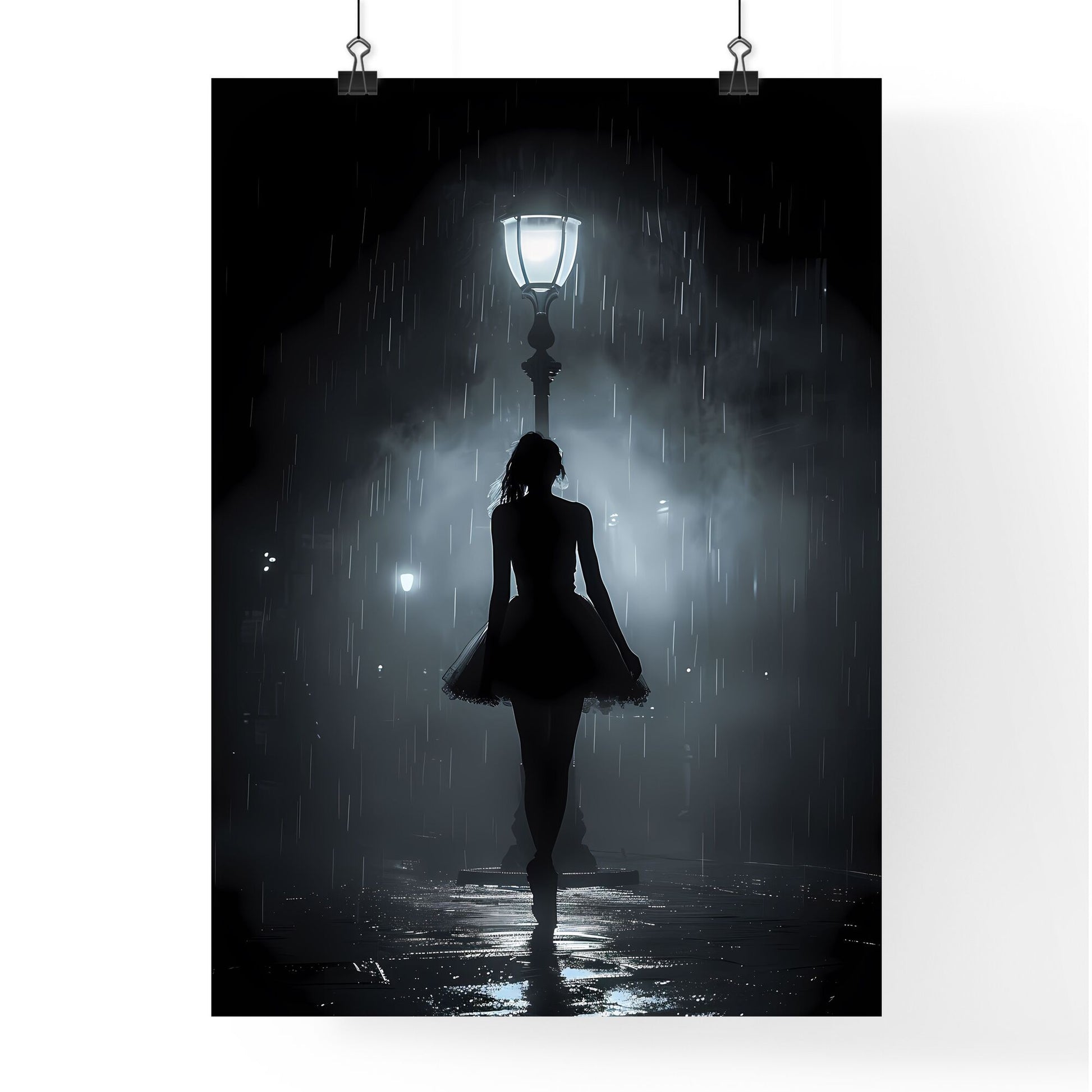 Dancing in Darkness: A Single Light Illuminates a Ballet Silhouette Amidst Vibrant Painting Default Title