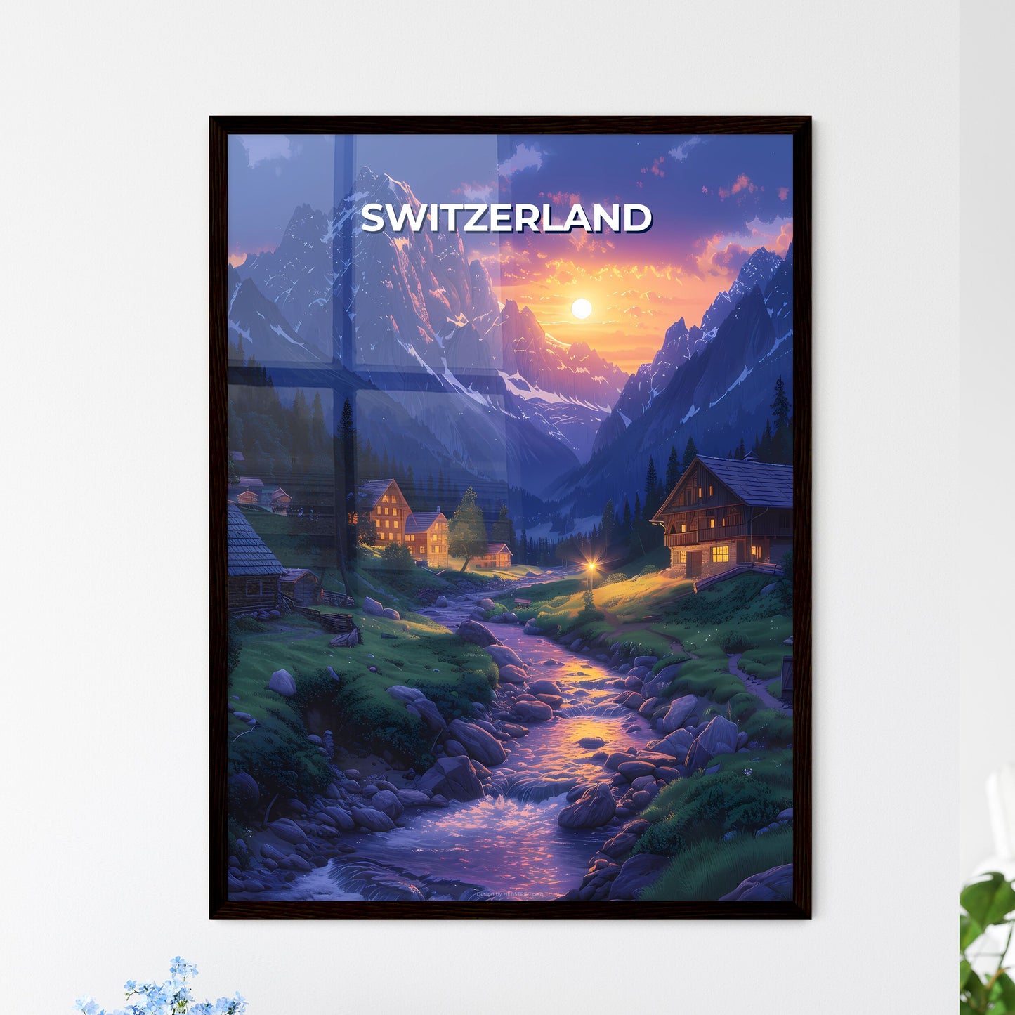 Artistic Mountain Landscape Painting: Swiss Alps with River and Houses, Europe