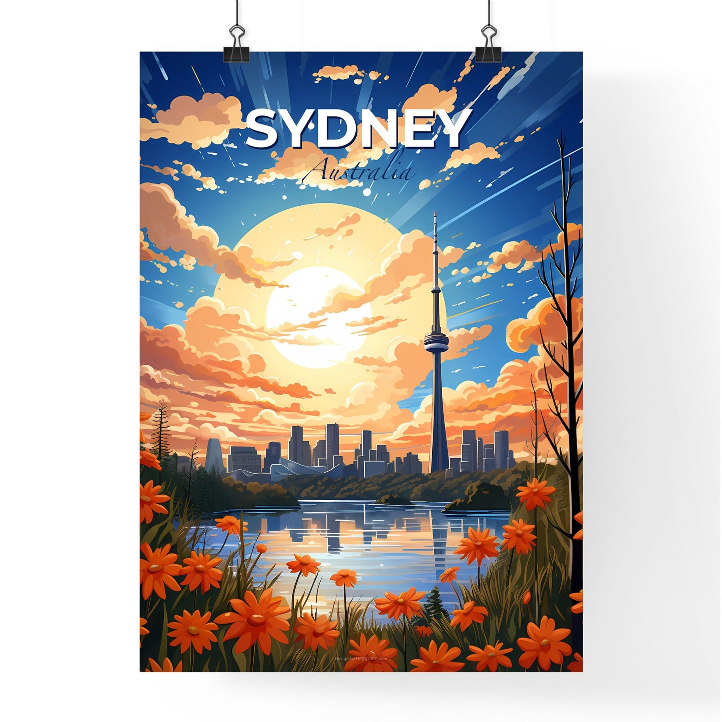 Sydney Skyline Cityscape Painting with Sun and Flowers Art Default Title