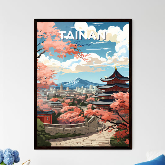 Cityscape Painting Art - Tainan Taiwan Skyline with Pagoda and Cherry Blossoms Default Title