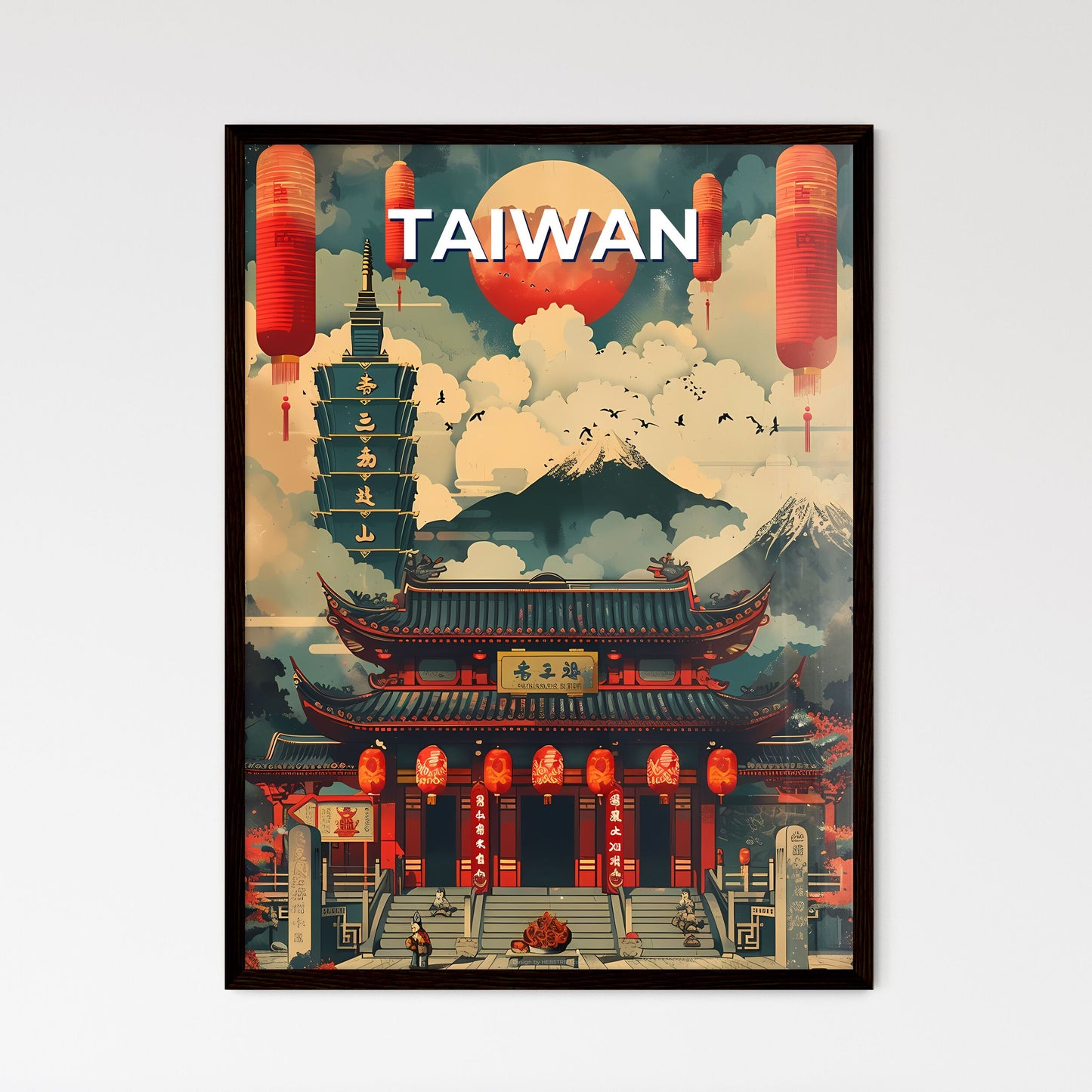 Vibrant Painting, Taiwan, East Asia, Mountains, Building, Lanterns, Art