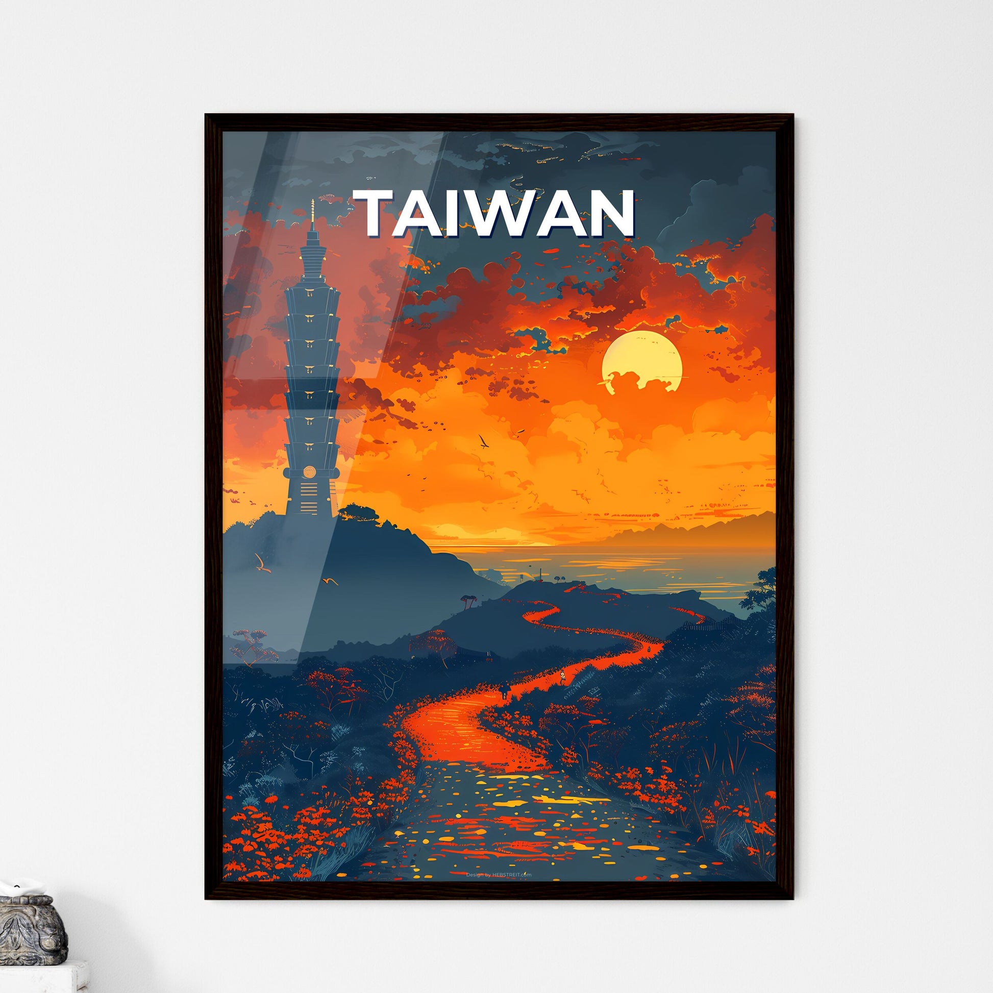 Taiwan Landscape Painting, East Asia River and Tower