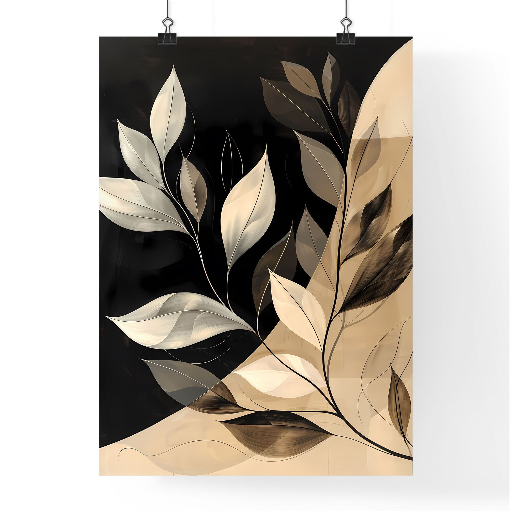 Black and white abstract painting of leaves with wavy lines and organic shapes, bold stencil, beige, holotone print, close-up Default Title
