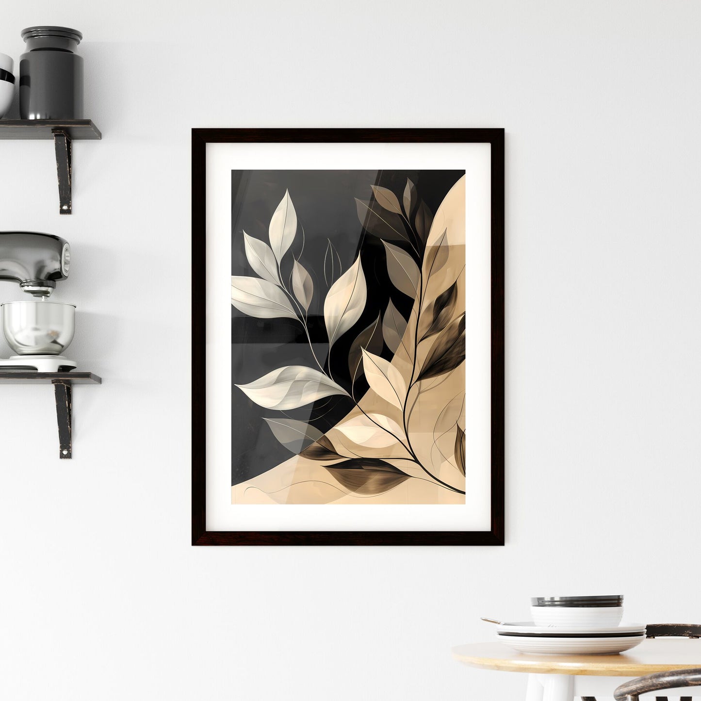 Black and white abstract painting of leaves with wavy lines and organic shapes, bold stencil, beige, holotone print, close-up Default Title