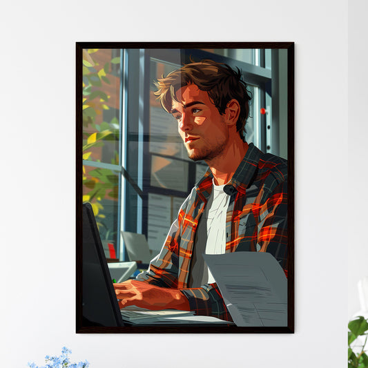 Vibrant Painting Depicts an Individual Working on a Laptop in a Professional Setting Default Title