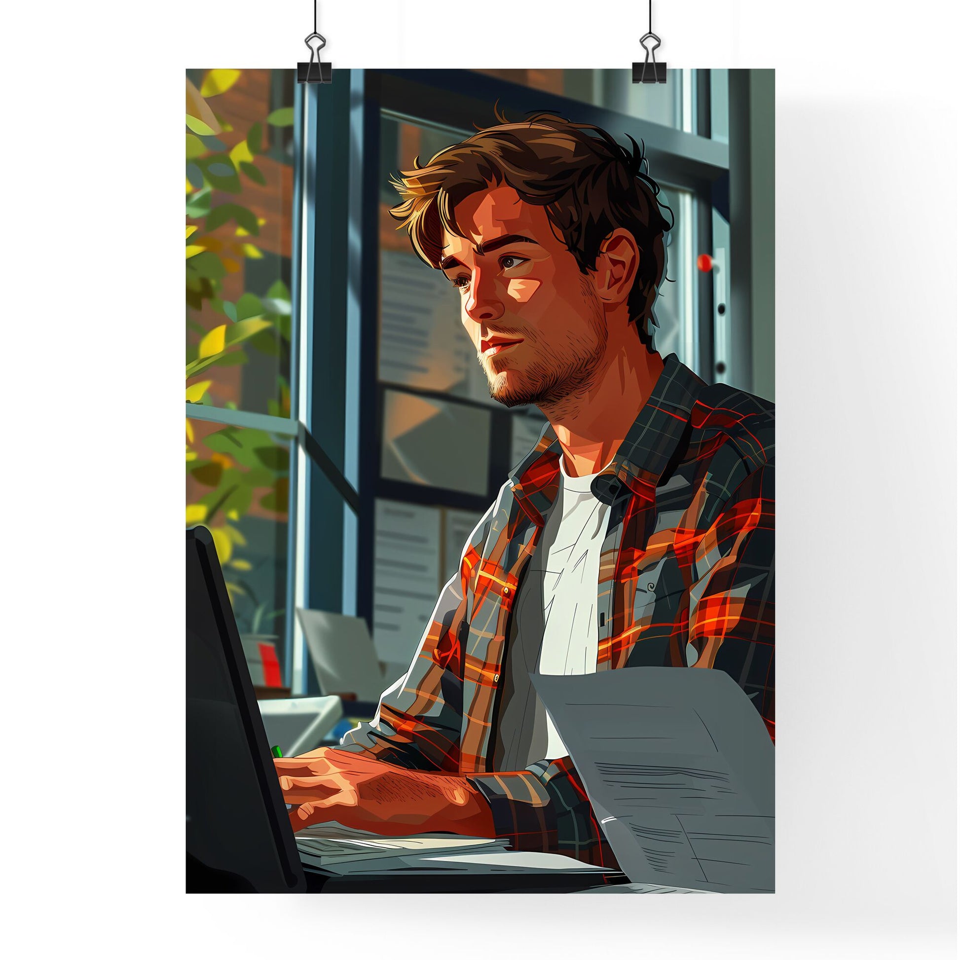 Vibrant Painting Depicts an Individual Working on a Laptop in a Professional Setting Default Title