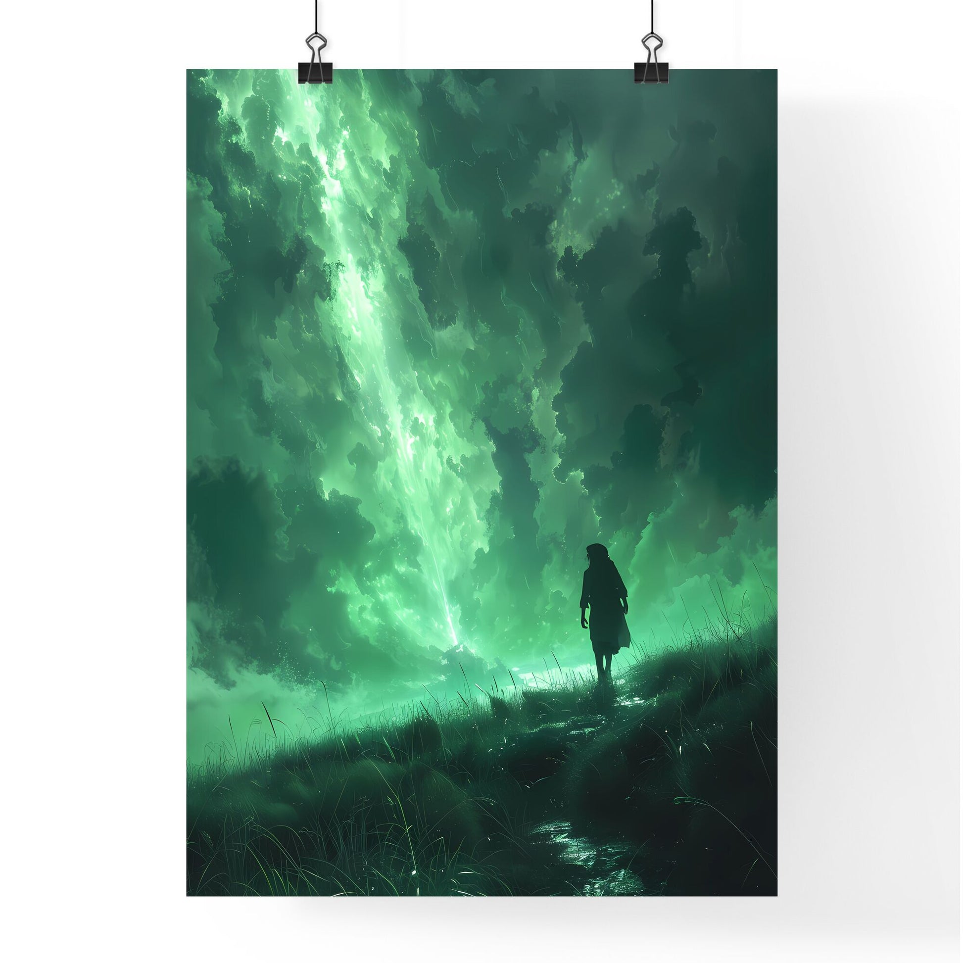 Surreal Savanna Silhouette: Fantastical Painting of a Person in an Expansive Green Field Bathed in Ethereal Light Default Title
