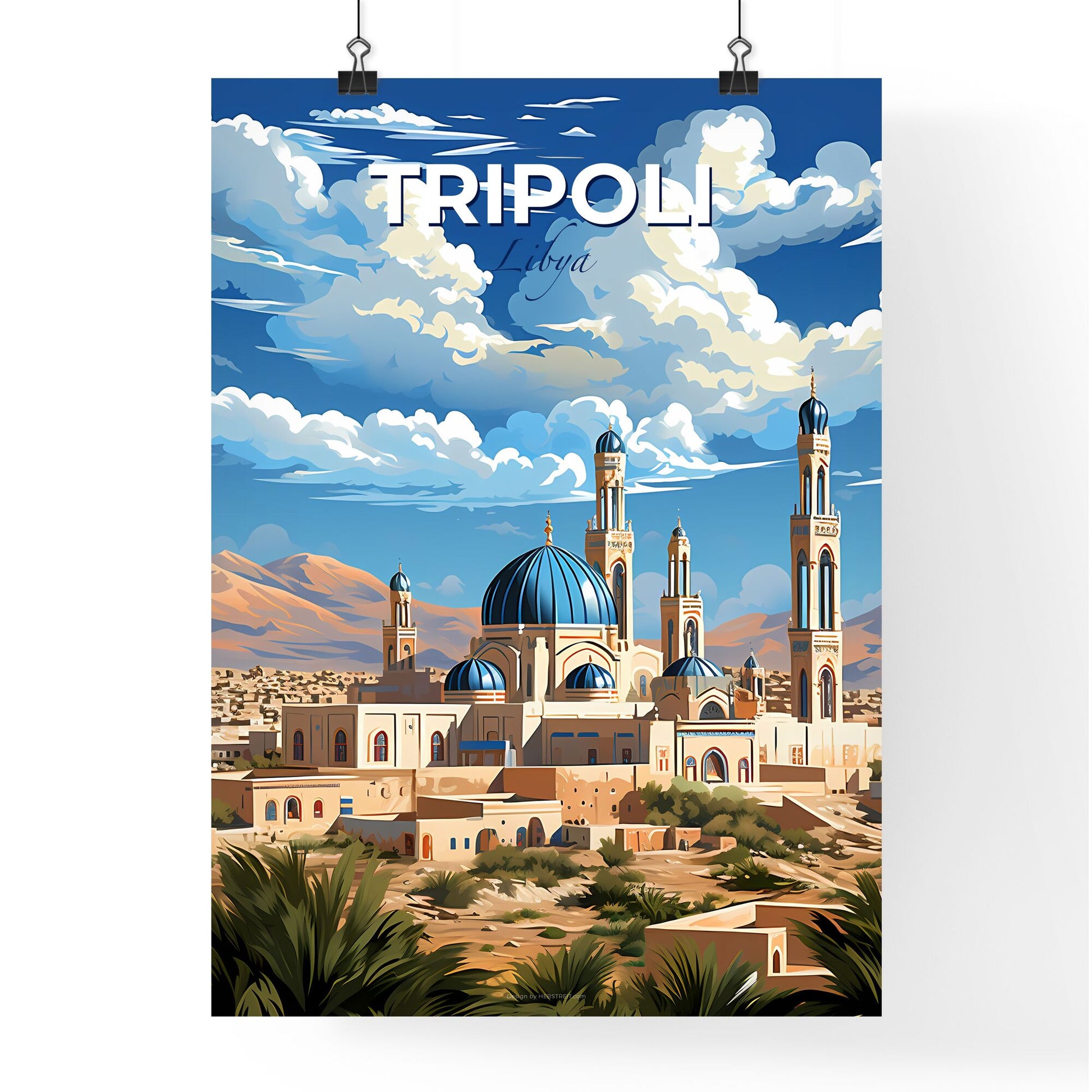 Colorful Abstract Tripoli Libya Cityscape Painting with Blue Domes and Desert Landscape Default Title