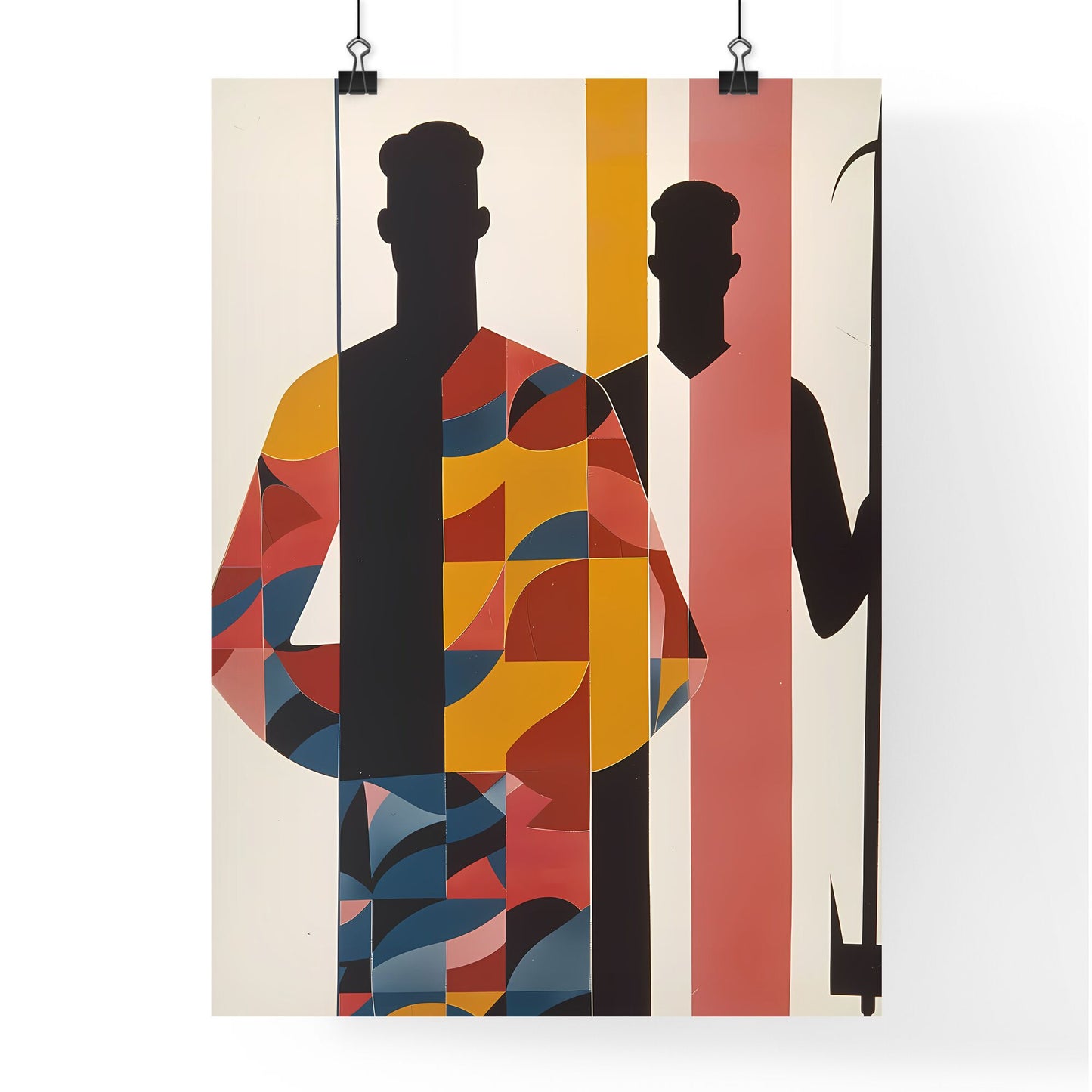 Bauhaus Inspired Painting: Geometric Men Holding Abstract Pitchfork in American Gothic Pose Default Title
