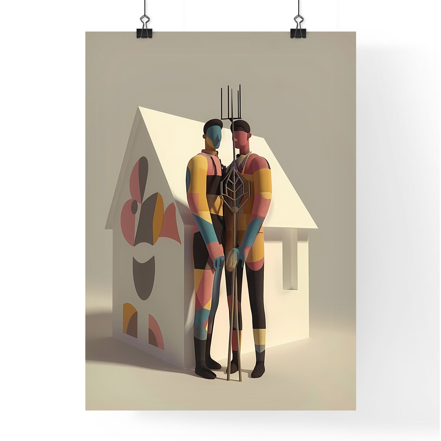 Bauhaus Men in American Gothic Pose with Geometric Abstract Pitchfork Default Title
