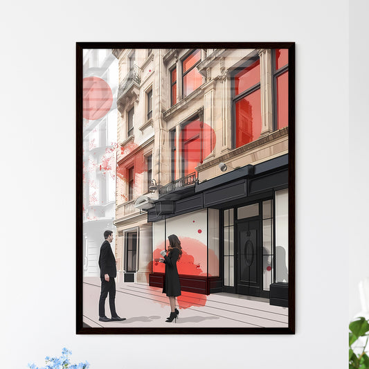 Vibrant painterly UK street scene in red and navy, showing couple on sidewalk, influenced by architectural illustrators and abstraction art Default Title