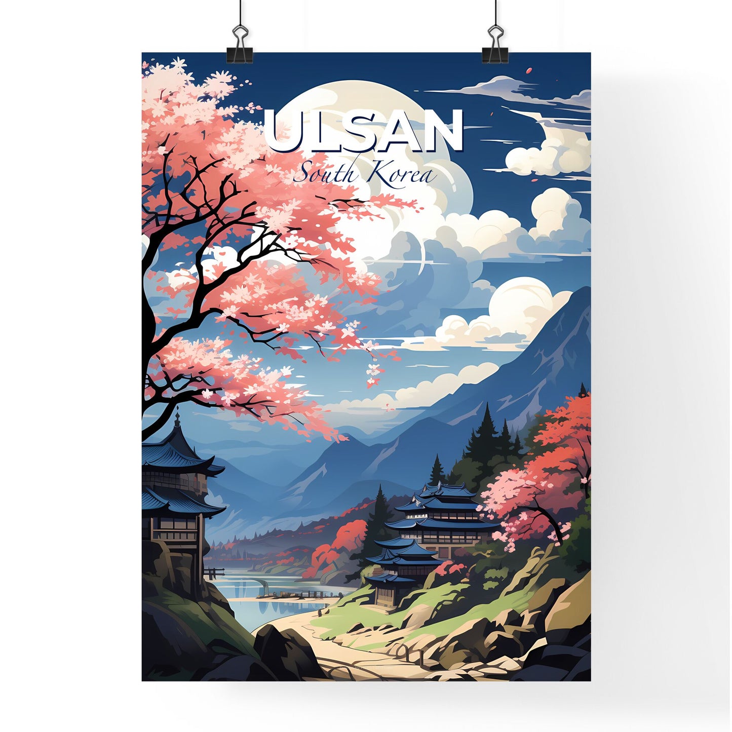 Vibrant cityscape painting of Ulsan, South Korea skyline featuring a river, mountains, and a solitary tree Default Title