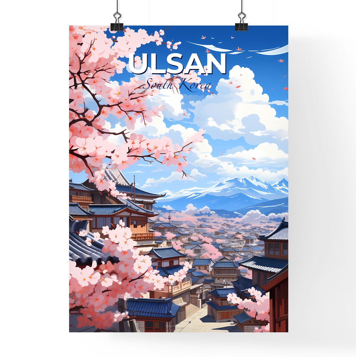 Vibrant City Skyline with Cherry Blossom Painting | Ulsan South Korea | Watercolor Art | Cityscape Default Title