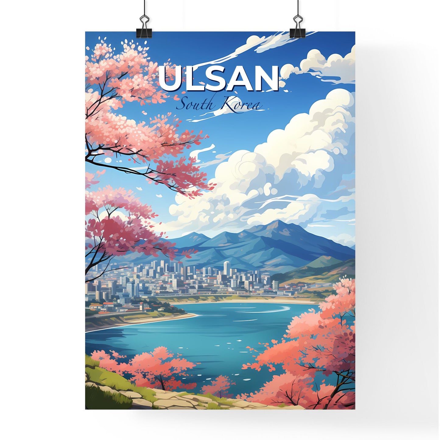 Ulsan South Korea Skyline - Modern Art Painting of Vibrant City Landscape and Waterway Default Title