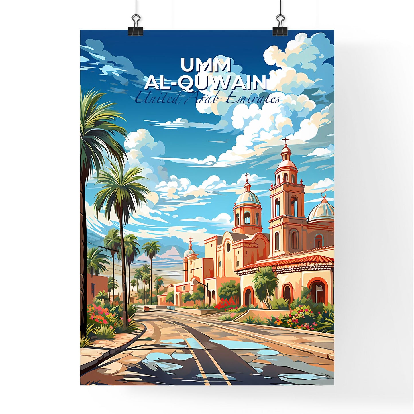 Vibrant Painting Depicting Umm al-Quwain Skyline with Buildings, Palm Trees, and Road Default Title