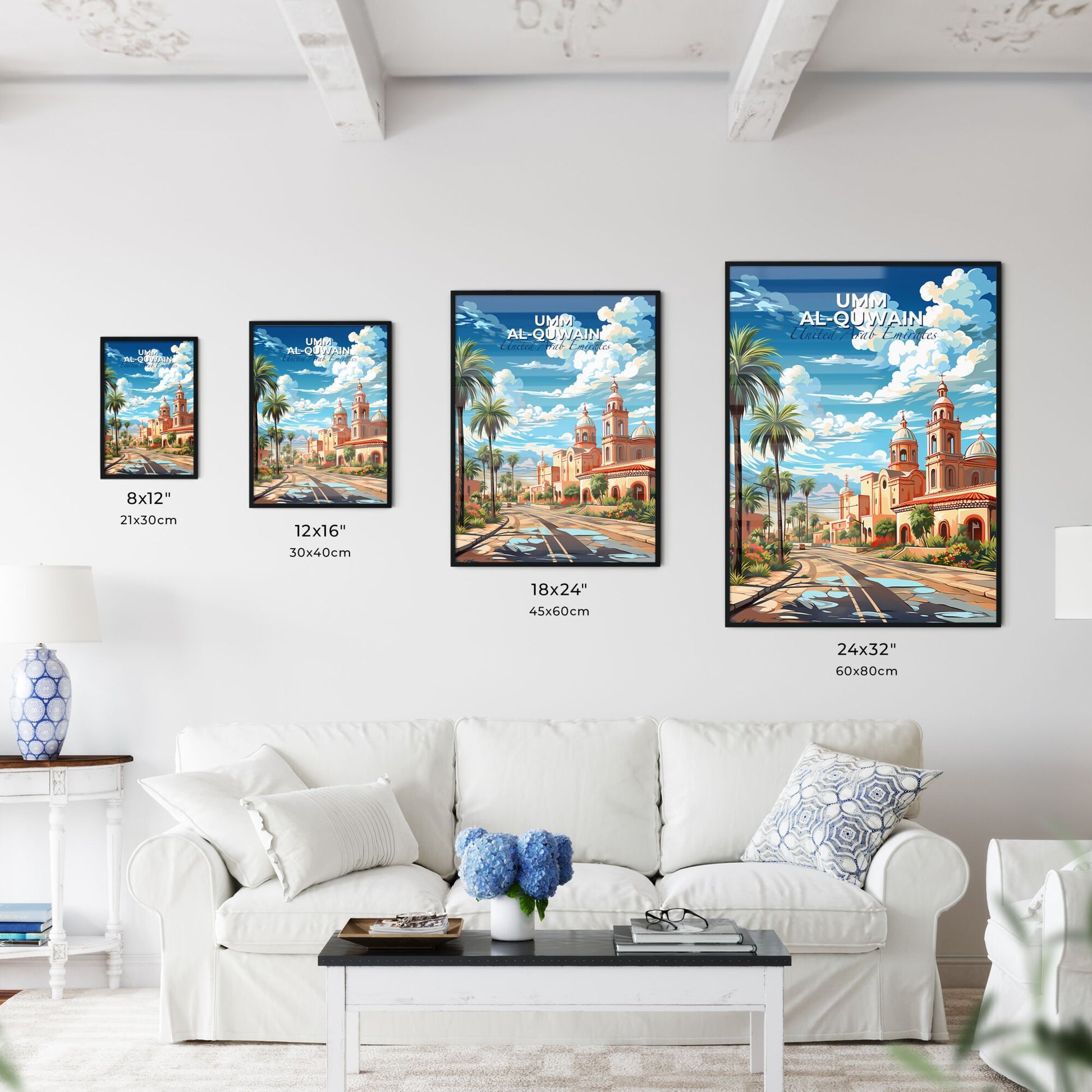 Vibrant Painting Depicting Umm al-Quwain Skyline with Buildings, Palm Trees, and Road Default Title
