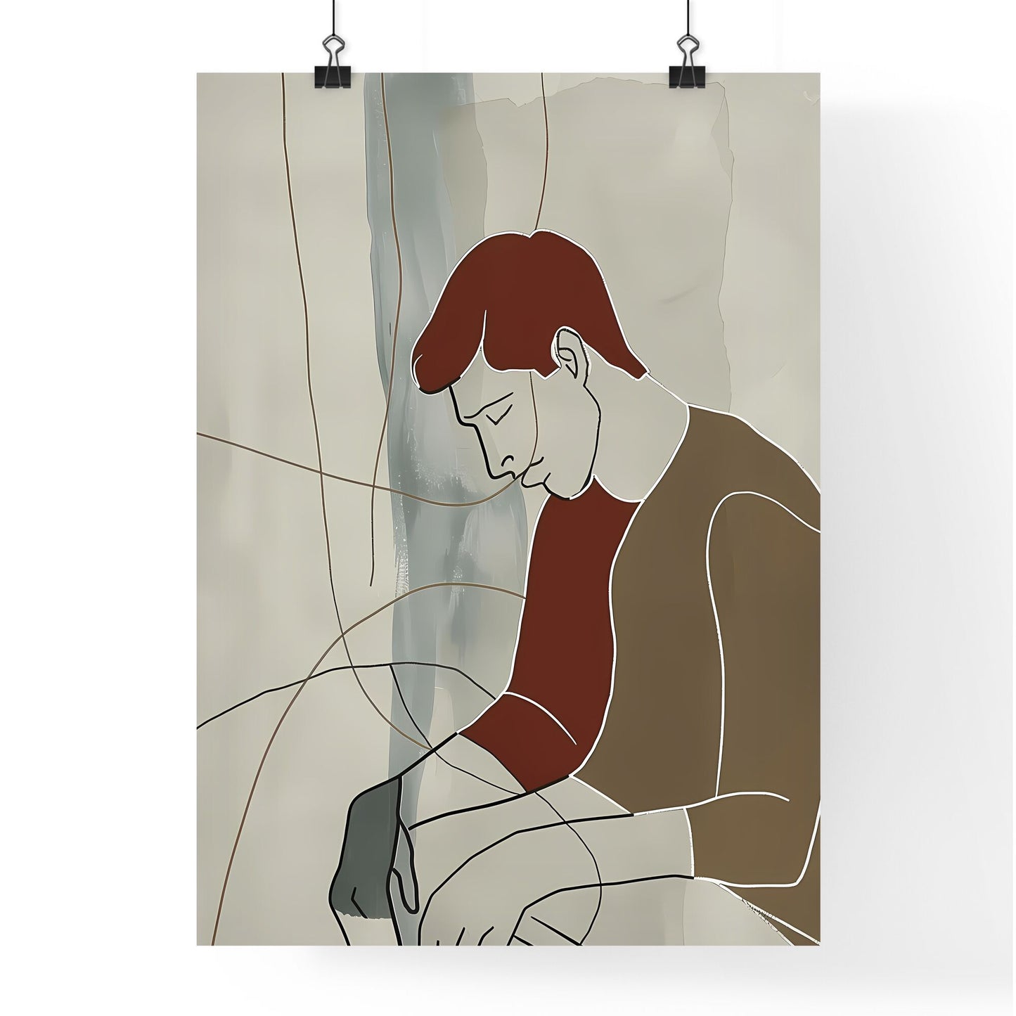 Vibrant Gouache Painting on Paper: Minimalist Line Art of a Sitting Man with Muted Color Palette and Focus on Artistic Detail Default Title