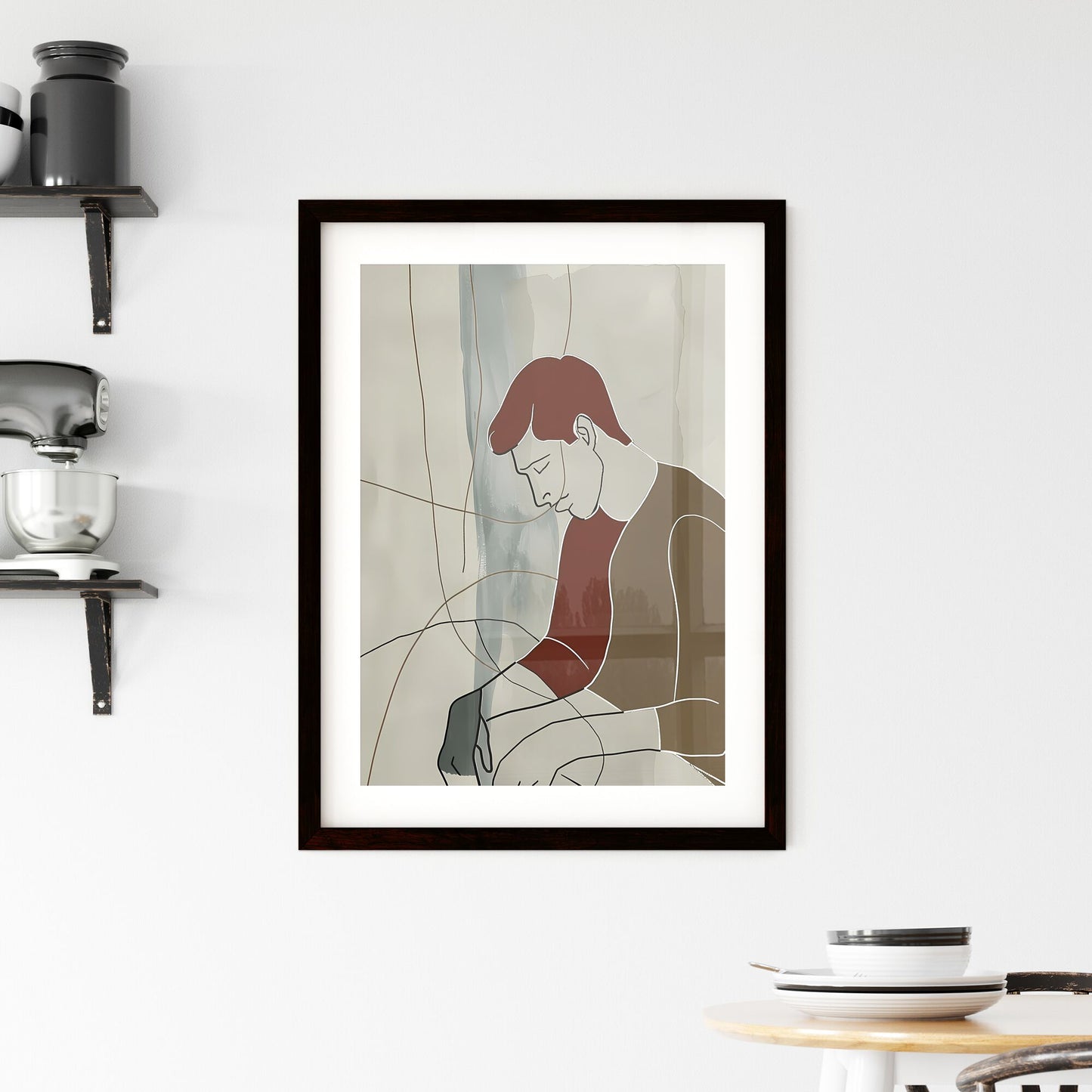 Vibrant Gouache Painting on Paper: Minimalist Line Art of a Sitting Man with Muted Color Palette and Focus on Artistic Detail Default Title