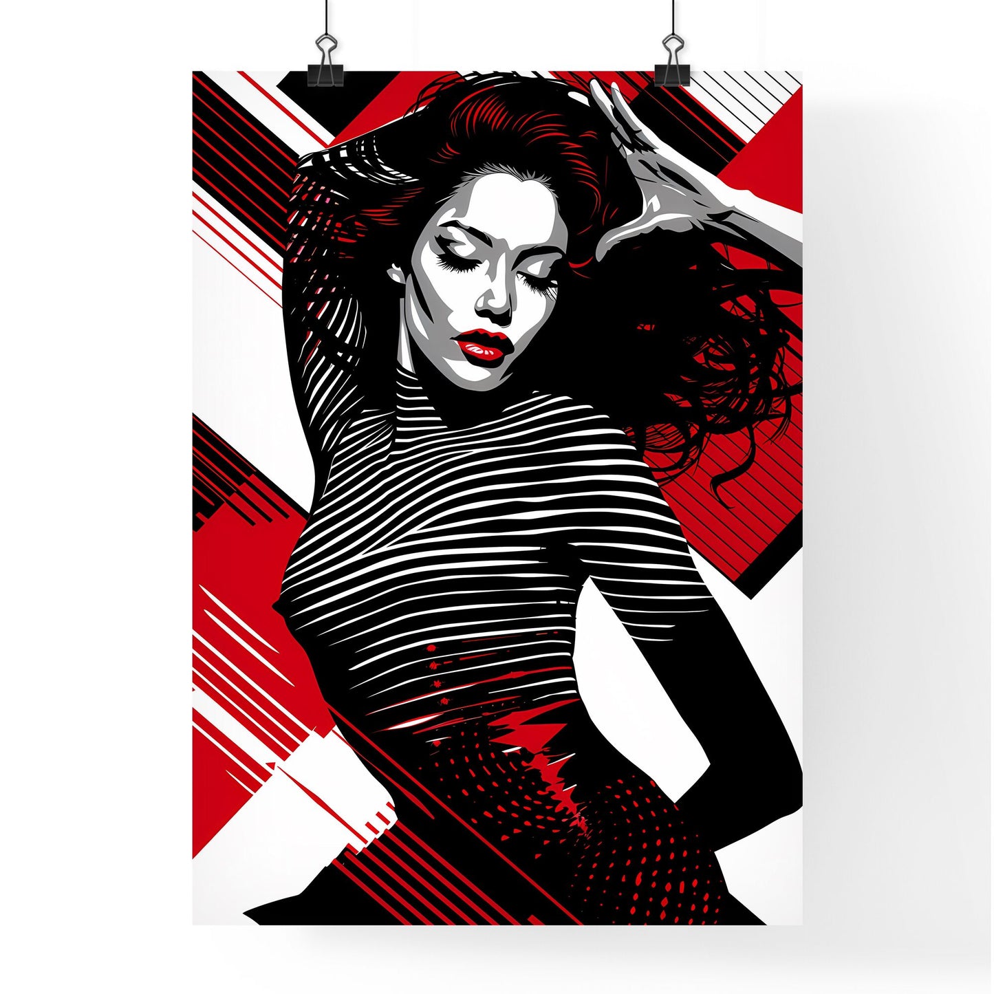Fashion Illustration, Hyper-Detailed Female Model, Moire Effect, Windswept Hair, Art Focus, Black and White with Red Highlights Default Title
