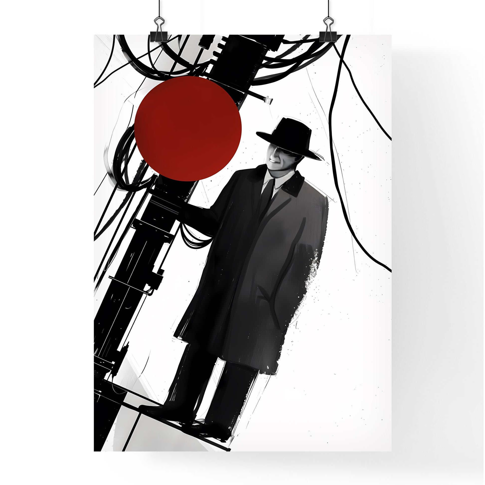 Minimalist Art - Vibrant Painting of a Man in a Hat and Coat Standing by a Pole with Wires Default Title