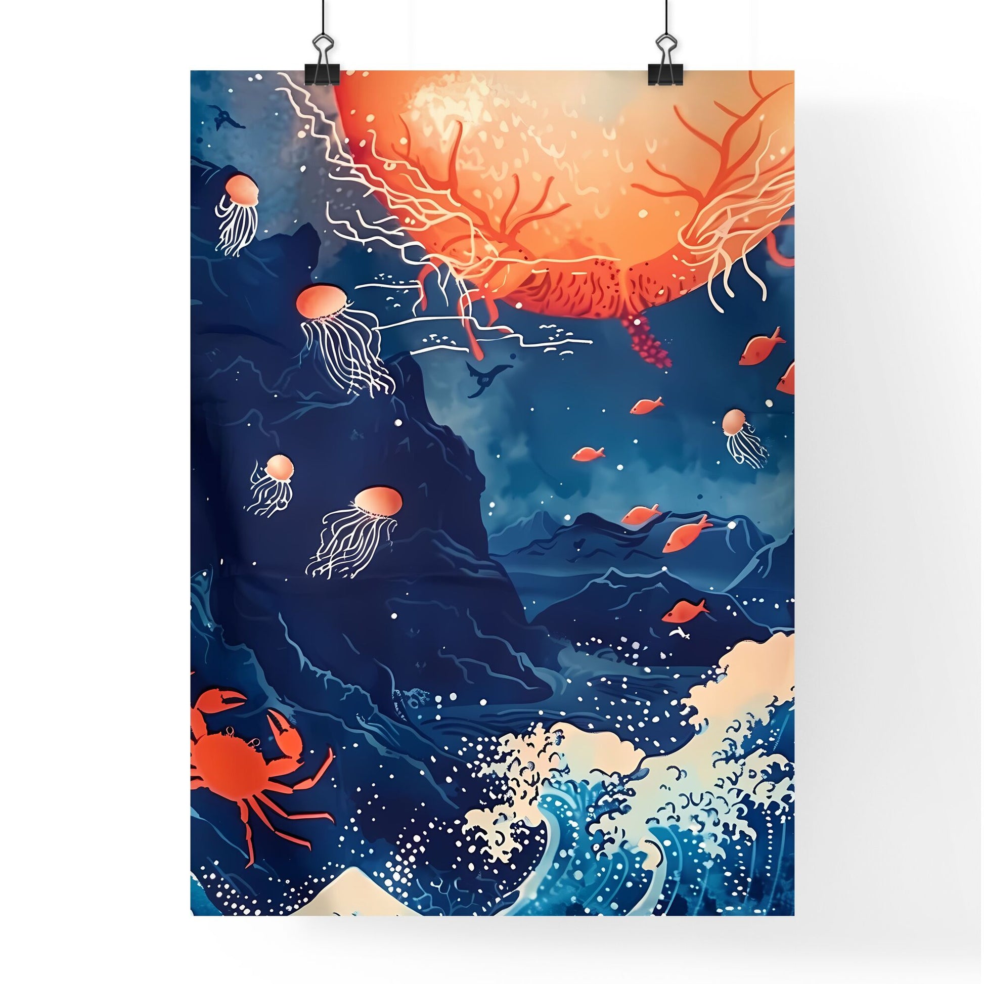 Vibrant Blue Seascape Painting with Dancing Fish and Whirling Jellyfish Default Title
