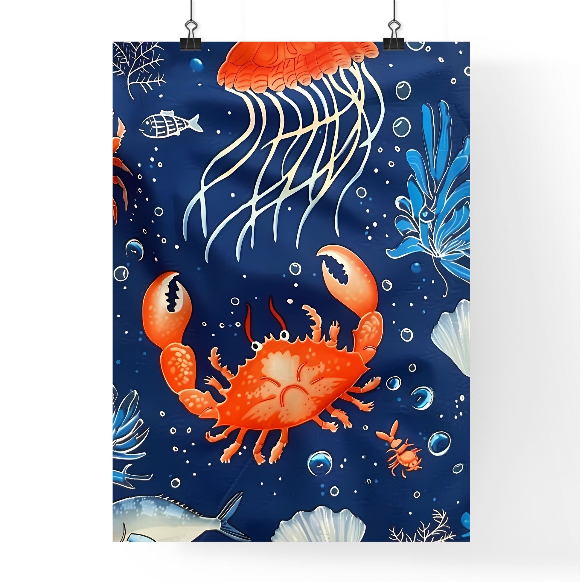 Vibrant Blue Fabric with Playful Sea Animal Patterns: Majestic Crab and Fish Artwork Default Title