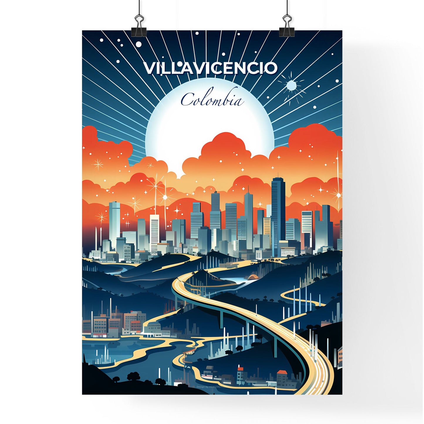 Vibrant Art Depiction of Villavicencio Skyline with Roadway and Bridge Default Title