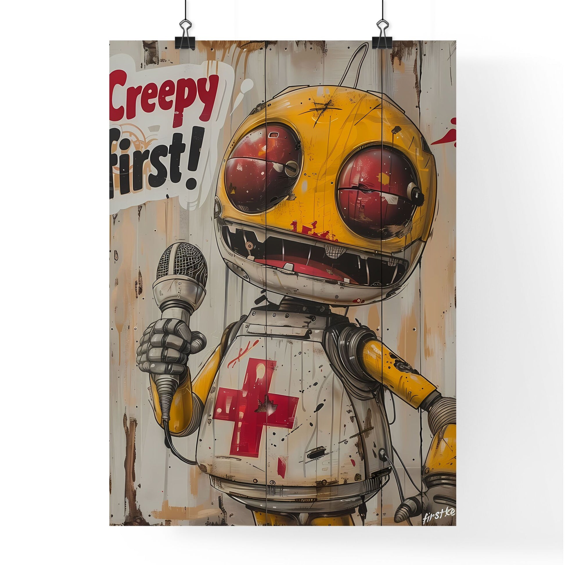 Kawaii-inspired Vintage Japanese Mic Mascot: Vibrant Creepy First! Poster with Artistic Focus, Red Cross - Unique Stock Image Default Title