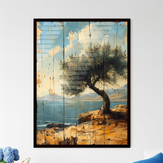 Evocative Vintage Oil Painting: Impressionistic Olive Tree in Timeless Pottery on Tranquil Beach Default Title