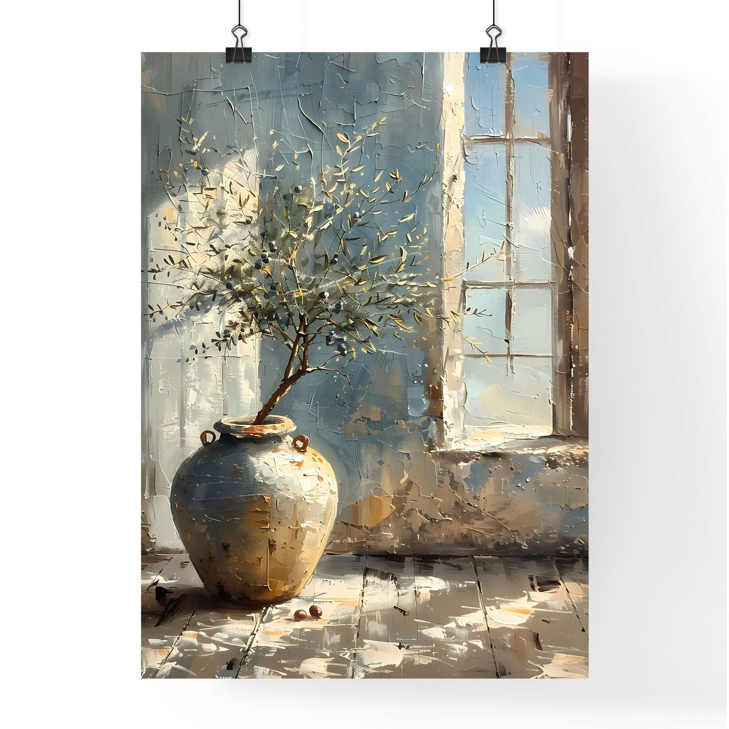 Captivating Vintage Oil Painting: Olive Tree in Whitewashed Pottery, Realistic Brushstrokes, Muted Colors, Art Print Default Title