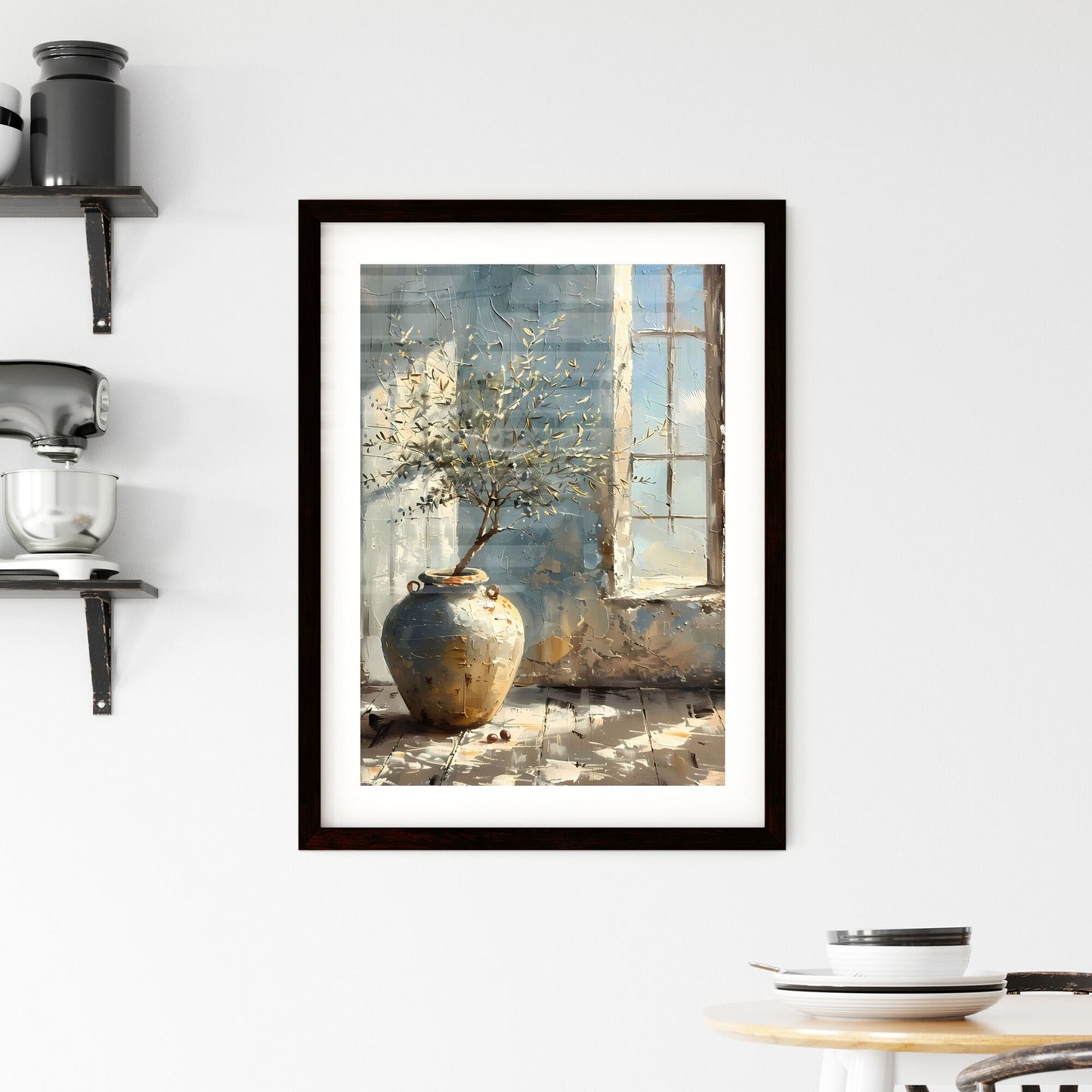 Captivating Vintage Oil Painting: Olive Tree in Whitewashed Pottery, Realistic Brushstrokes, Muted Colors, Art Print Default Title