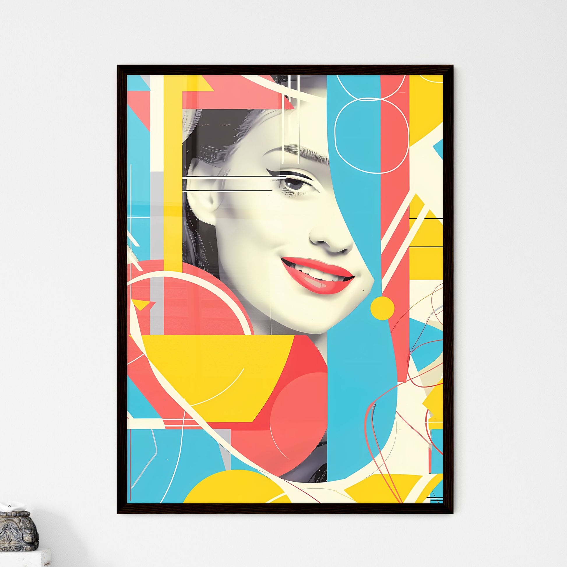 Fluid Lines and Shapes: Vibrant Neoclassical Face on Geometric Puzzle-like Background with Danish Pastels and Collaged Elements. Default Title