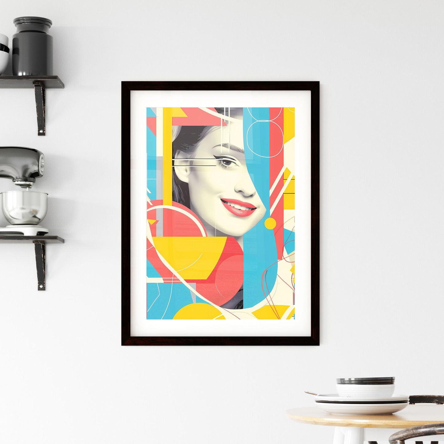 Fluid Lines and Shapes: Vibrant Neoclassical Face on Geometric Puzzle-like Background with Danish Pastels and Collaged Elements. Default Title