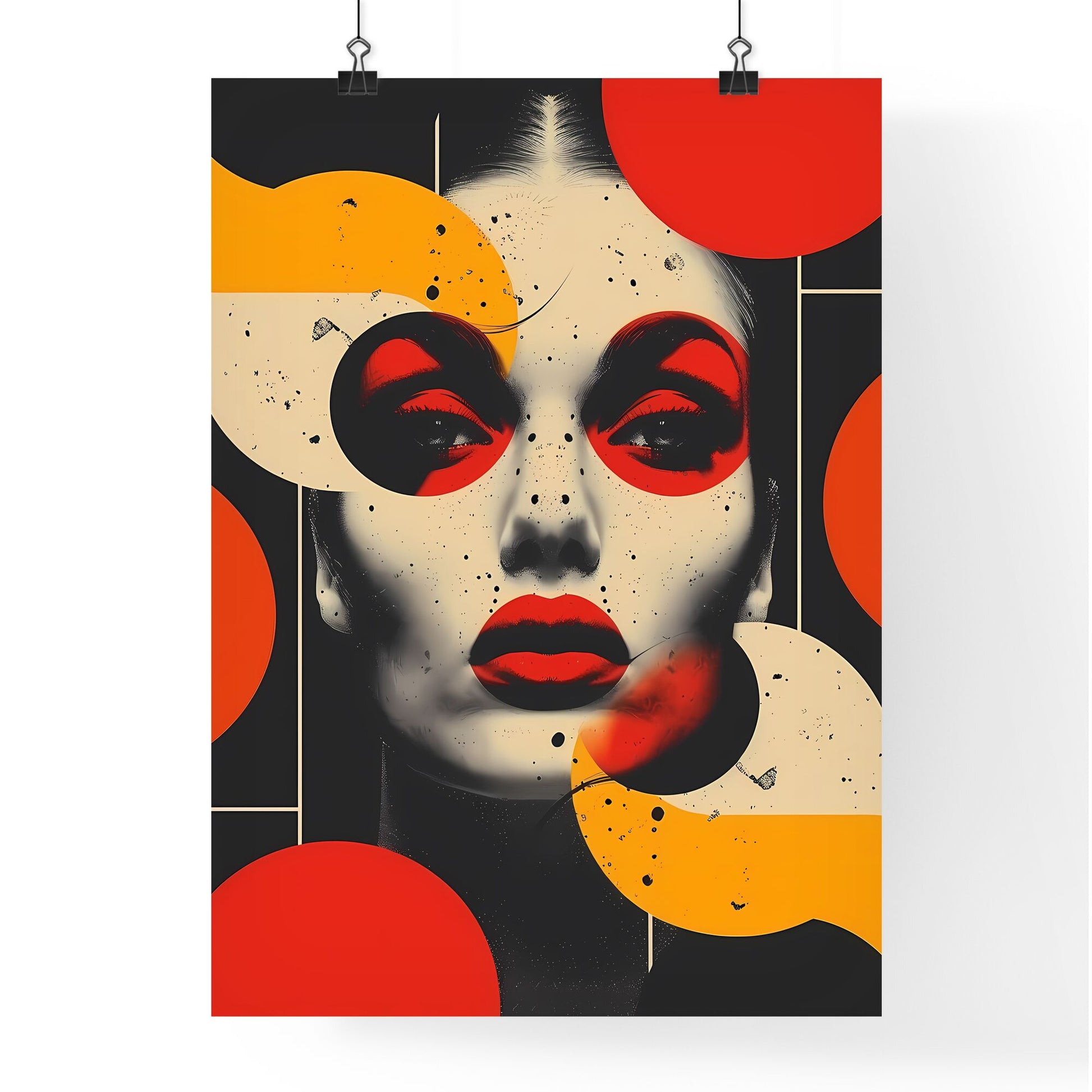 Striking Psychedelic Art Poster Embodies 1960s-1980s Design Aesthetics: Woman with Red Lips and Captivating Black and White Circles Default Title