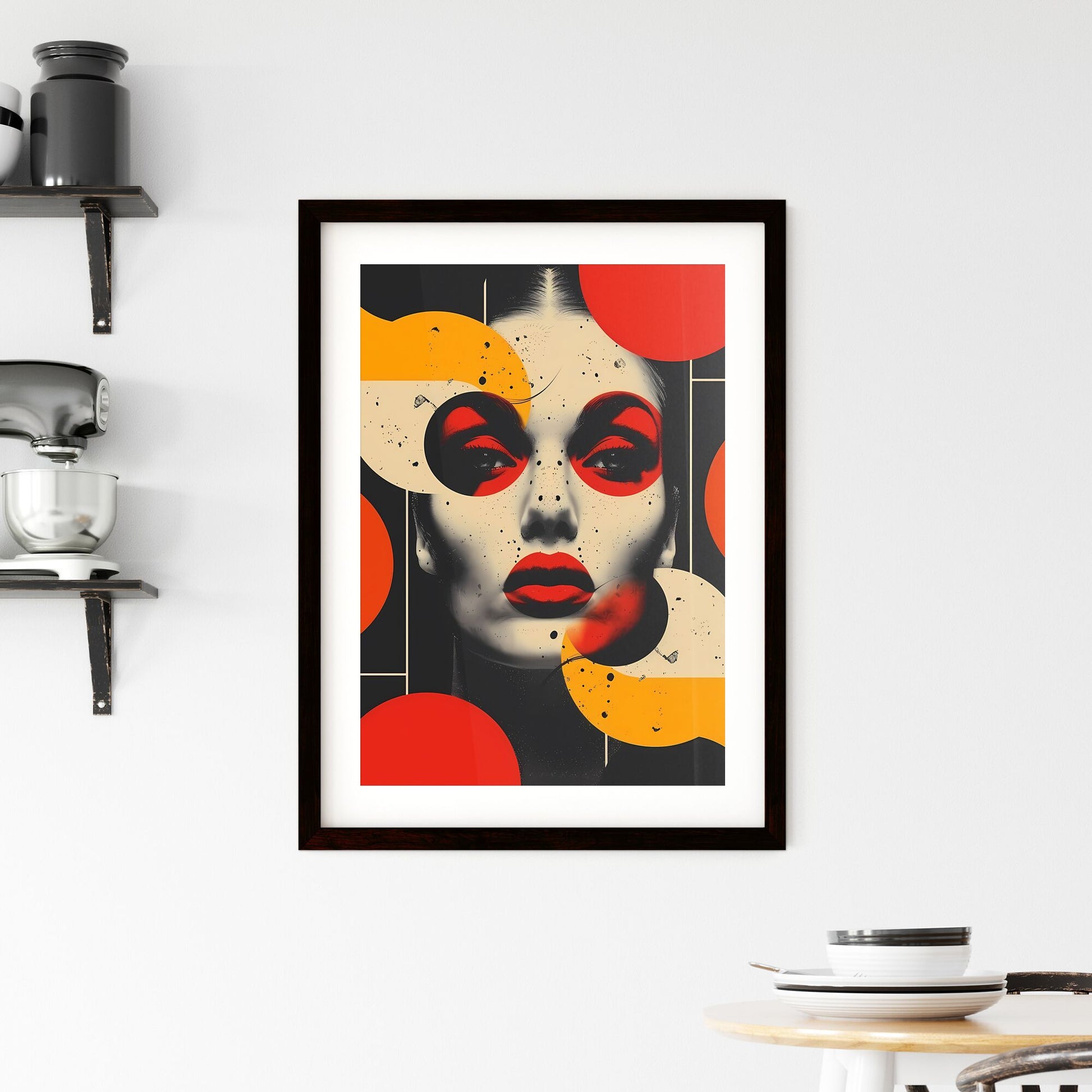 Striking Psychedelic Art Poster Embodies 1960s-1980s Design Aesthetics: Woman with Red Lips and Captivating Black and White Circles Default Title