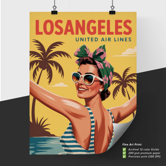 Vintage Summer Vibes in Los Angeles: A Joyful Woman Embracing Sunshine and Adventure with United Airlines.