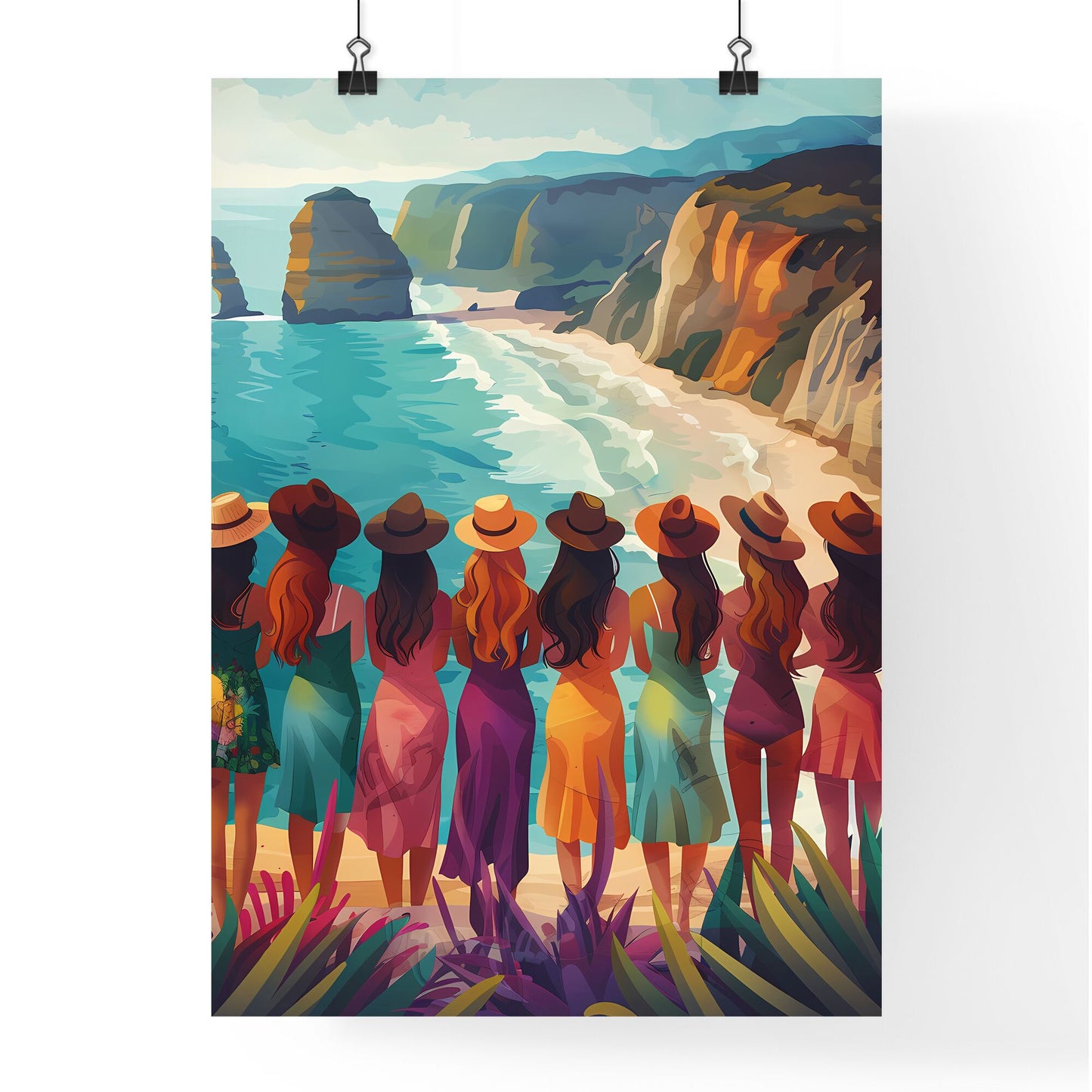 Dynamic Acrylic Painting of Diverse Women in Sundresses Celebrating Bachelorette Party by the Beach Default Title