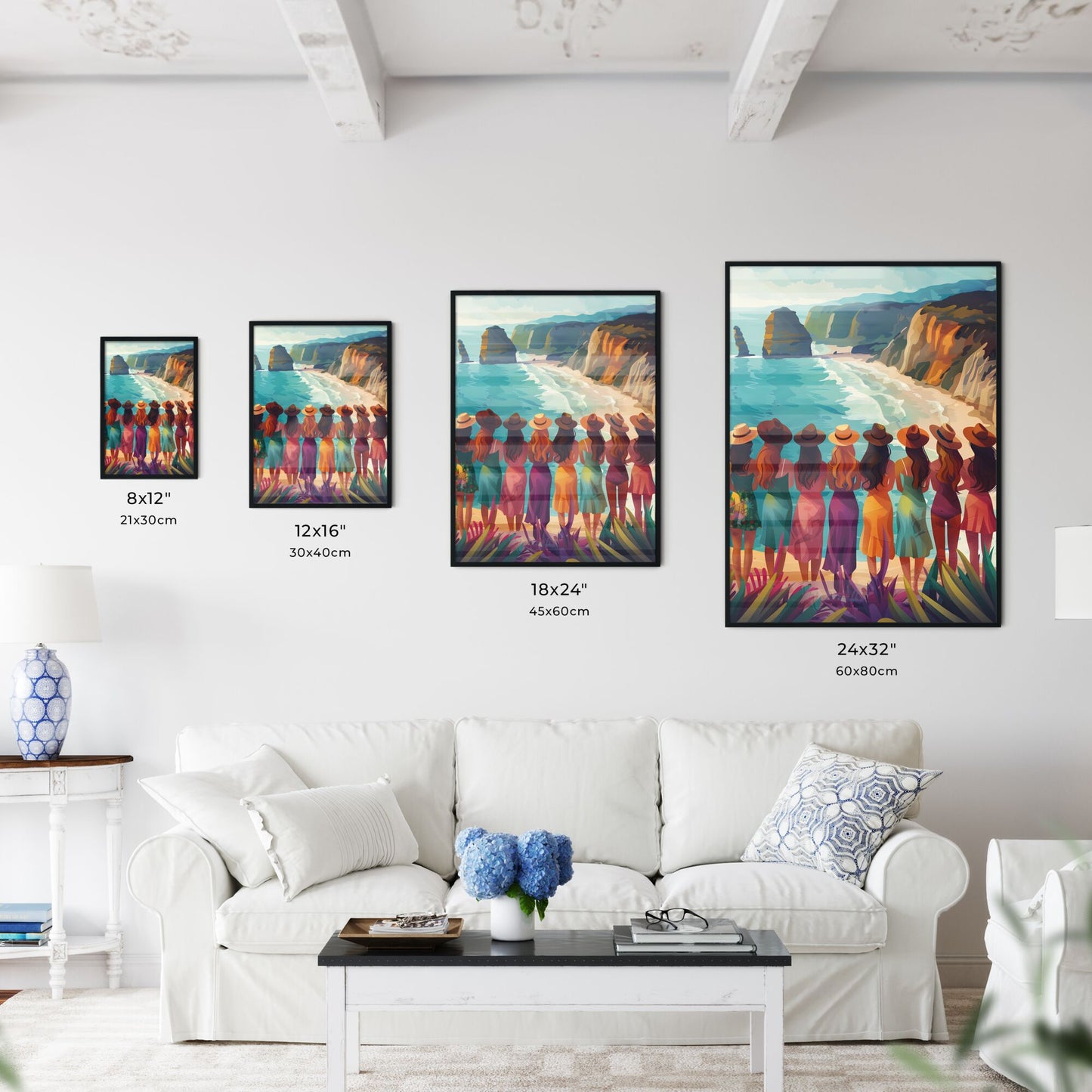 Dynamic Acrylic Painting of Diverse Women in Sundresses Celebrating Bachelorette Party by the Beach Default Title