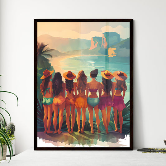 Multiethnic Bachelorette Party at Beach: Beautiful Young Women in Sundresses, Celebrating, with Long Hair, Hats | Vibrant Art Clipart on White Default Title