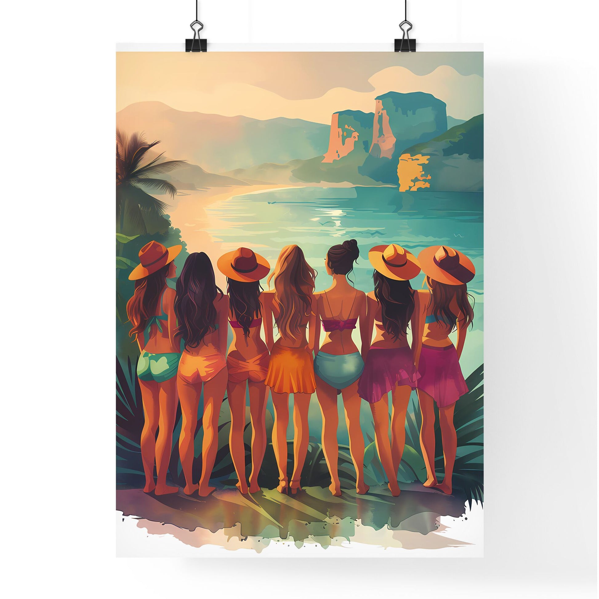 Multiethnic Bachelorette Party at Beach: Beautiful Young Women in Sundresses, Celebrating, with Long Hair, Hats | Vibrant Art Clipart on White Default Title