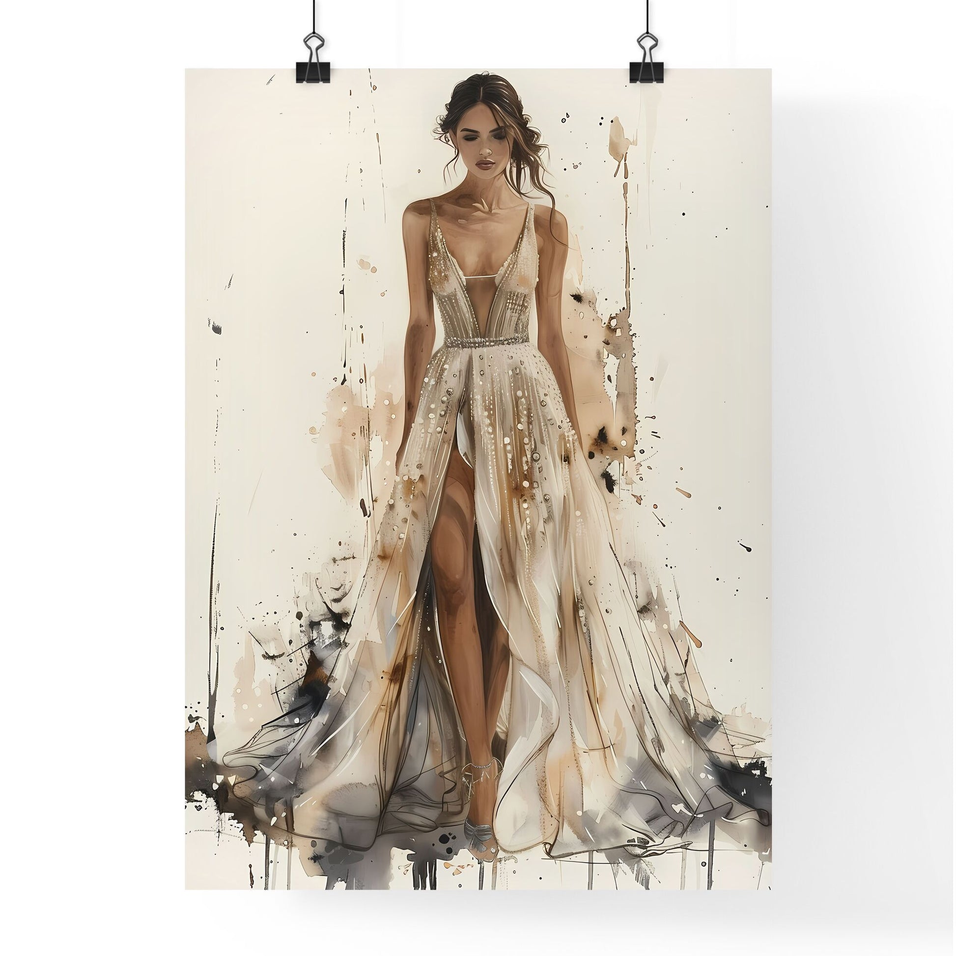 Watercolor Painting of Art Deco Lady in Beaded Gown, Sheer Train and Sparkly Heels Default Title