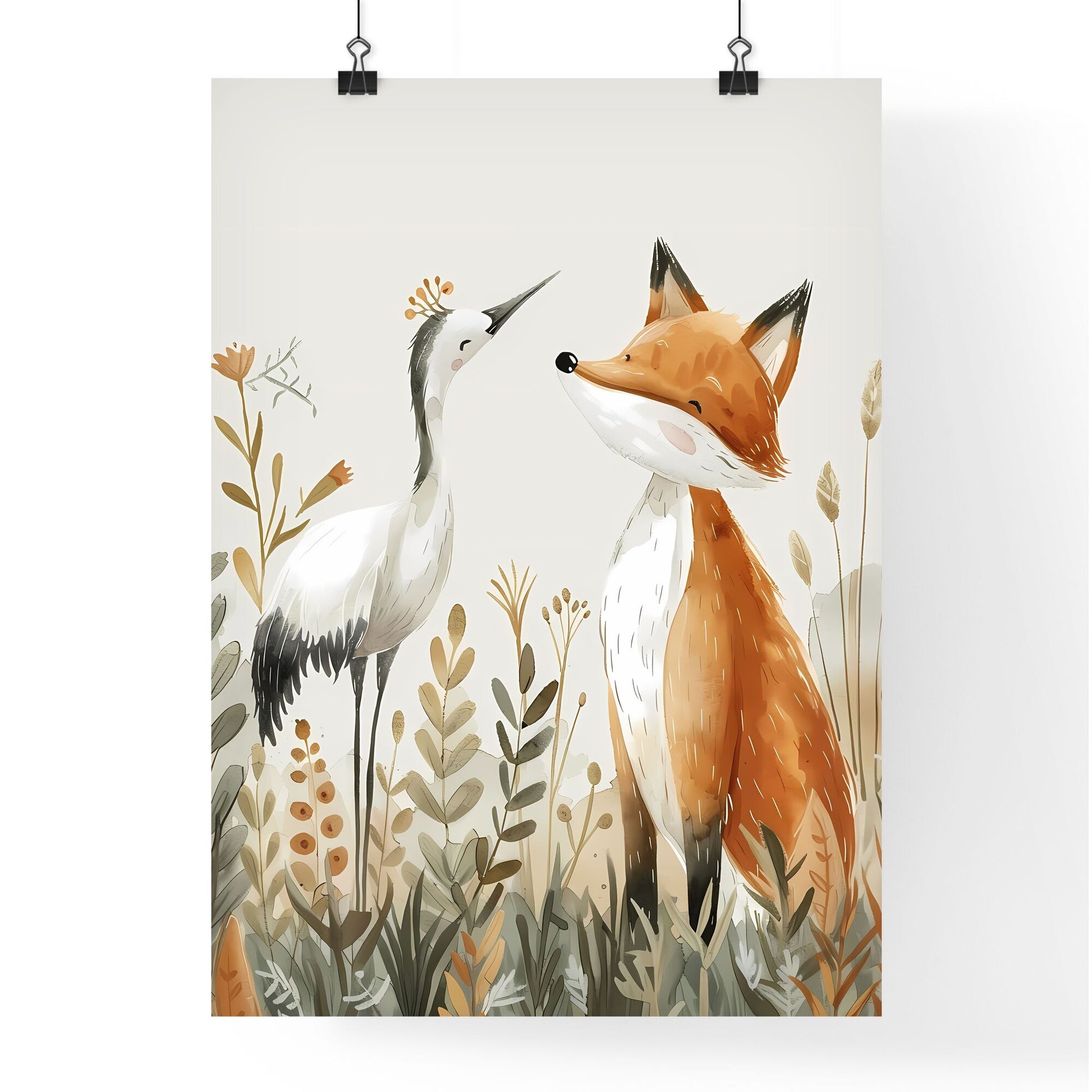 Enchanting watercolor painting featuring a smiling fox and a happy crane bird in a surreal meadow, inspired by Swedish art, Mexican and American cultures, and medieval themes, showcasing the beauty of nature, fantasy, and culture Default Title