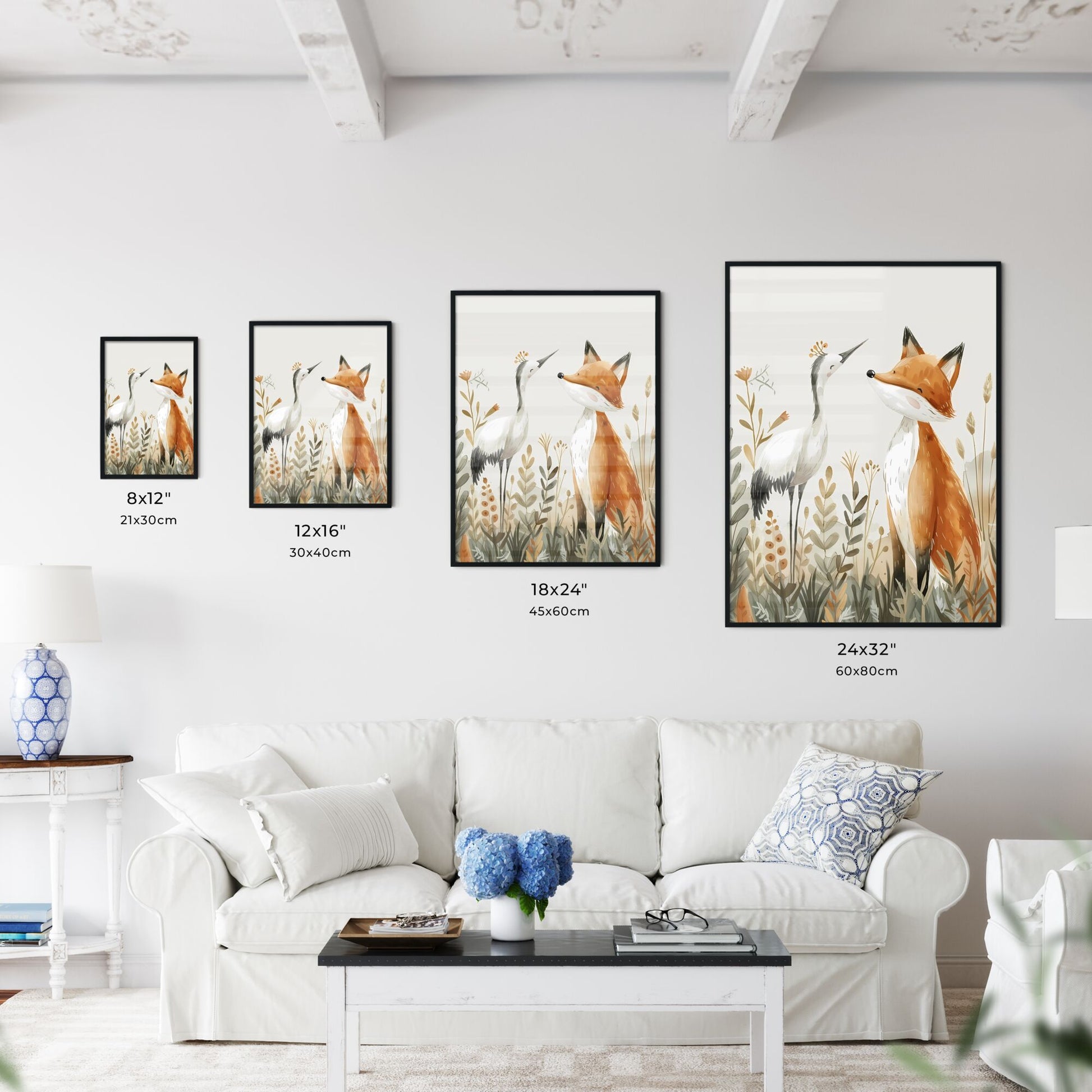 Enchanting watercolor painting featuring a smiling fox and a happy crane bird in a surreal meadow, inspired by Swedish art, Mexican and American cultures, and medieval themes, showcasing the beauty of nature, fantasy, and culture Default Title