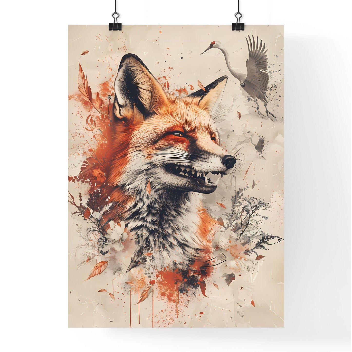 Enchanted Watercolor Fox and Crane: Sublime Macabre Art in the Style of Mexican and American Cultures Default Title