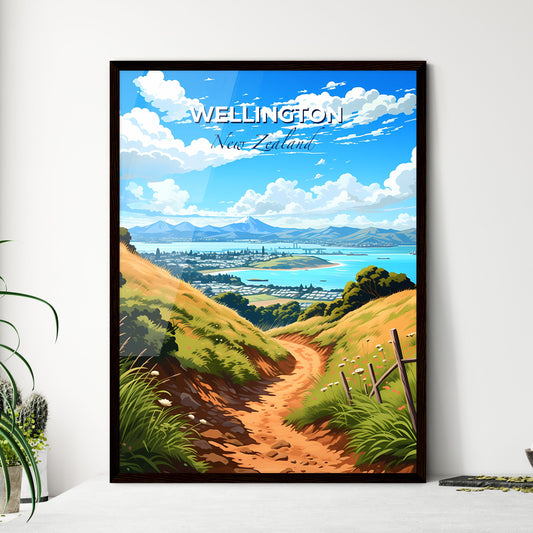 Vibrant Painting of Wellington Skyline: Hilltop Path, City Panorama, and Turquoise Waters Default Title